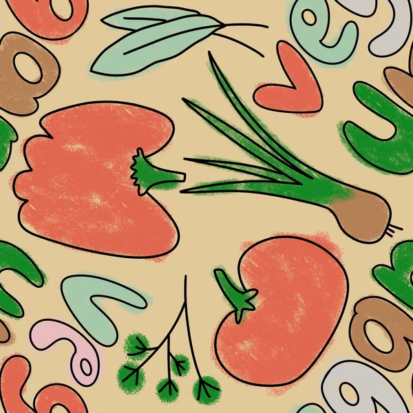 手绘无缝图案与蔬菜素食素食设计。番茄、胡萝卜、白菜、荔枝、洋葱、风铃、木瓜、纸巾、印花.复古厨房纺织品背景，健康食品 — 图库照片