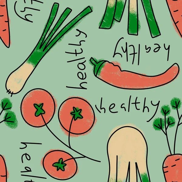 Hand drawn seamless pattern with vegetables veggies vegan vegetarian design. Tomato potato carrot cabbage leek onion bell papper fabric print. Retro vintage kitchen textile background, healthy food — Stock Photo, Image