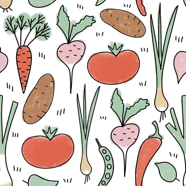 Ручной рисунок бесшовный шаблон с овощами вегетарианский вегетарианский дизайн. Помидор картофельная морковь капуста лук лук лук колокольчик ткань отпечаток. Ретро винтажные кухонный текстильный фон, здоровое питание — стоковое фото