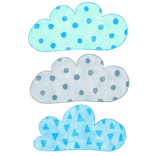 青灰色のかわいい雲の水彩画の手描きイラスト 招待挨拶パーティーのための男の子ベビーシャワーデザイン 保育園クリップは柔らかいパステルカラー子供のための現代的なミニマリストプリントです — ストック写真