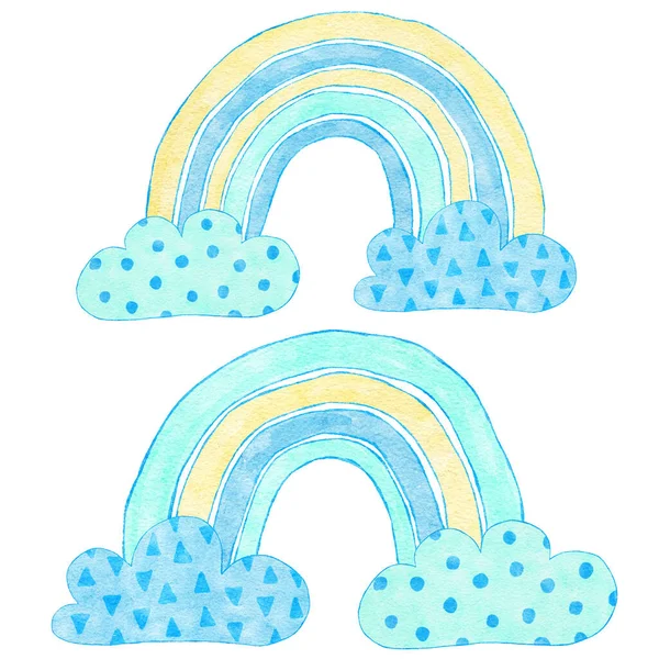 雲の中に青い黄色の虹の水彩画の手描きイラスト 招待挨拶パーティーのための男の子赤ちゃんシャワーデザイン 保育園クリップは柔らかいパステルカラーです子供のための現代的なミニマリストプリント — ストック写真
