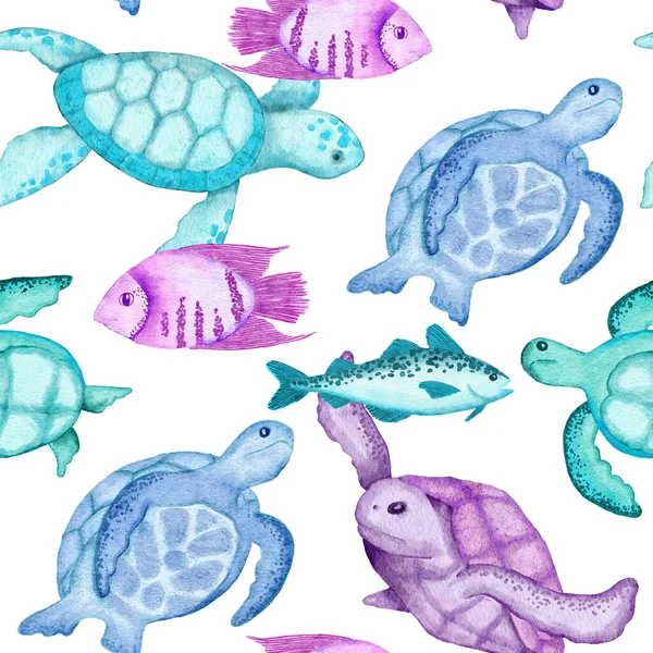 水彩画手绘无缝图案与水下海洋动物壳鱼 紫蓝色海草水母 海洋夏季度假海滩背景 绿松石面料印花 — 图库照片