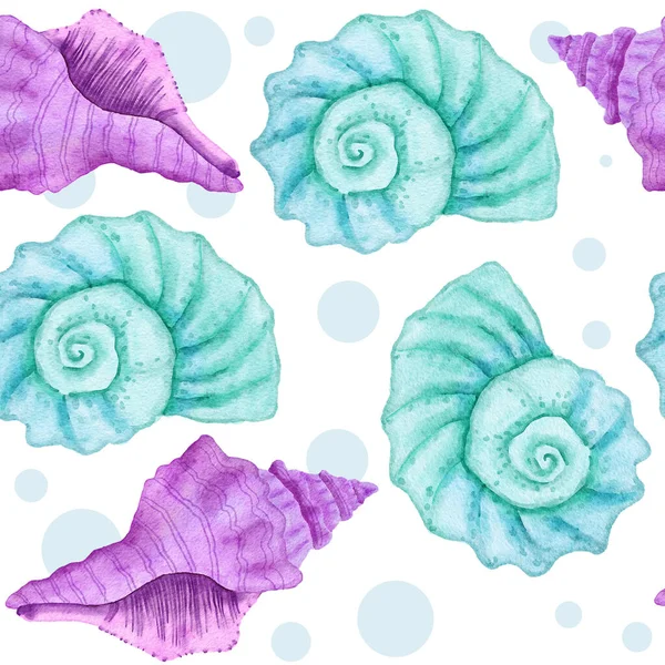 水彩画手绘无缝图案与水下海洋动物壳鱼 紫蓝色海草水母 海洋夏季度假海滩背景 绿松石面料印花 — 图库照片