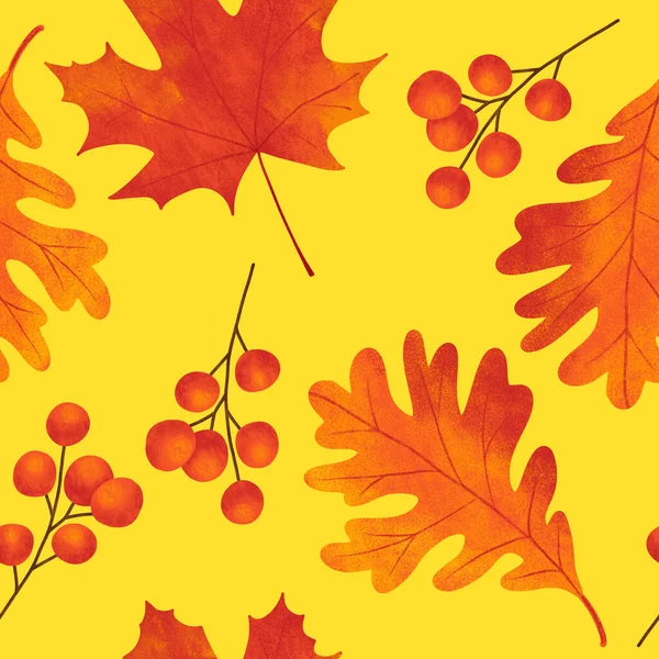 Handgezeichnete Nahtlose Muster Mit Herbst Blatt Blätter Beerenbeeren Ahorn Eiche — Stockfoto