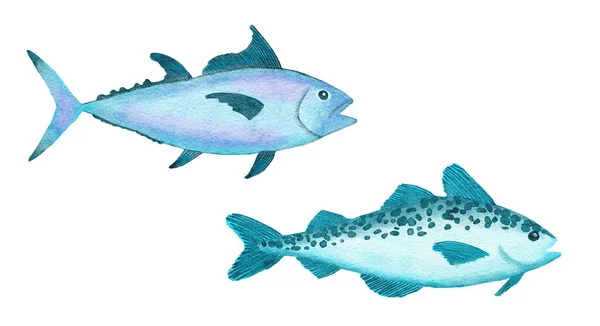 Akvarel Ilustrace Tropických Ryb Modré Tyrkysově Fialové Barvy Oceán Moře — Stock fotografie