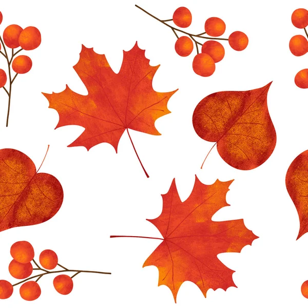 Ručně Kreslený Bezešvý Vzor Podzimním Listovým Listem Bobule Javorový Dub — Stock fotografie
