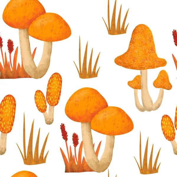 秋のキノコの真菌 野生の自然背景と手描きのシームレスなパターン オレンジレッドイエローで感謝祭の森の木の木の布のプリント 織物壁紙用 — ストック写真
