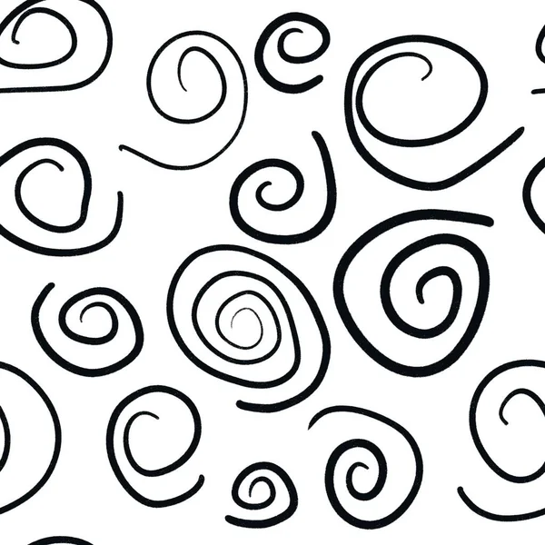 无缝手画出黑白抽象图案 单色几何线螺旋点曲线 现代简约装饰用包装纸用纺织品墙纸 — 图库照片