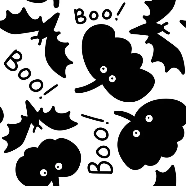 Seamless Hand Drawn Black White Halloween Pattern Cartoon Ghost Skull — Stock Photo, Image