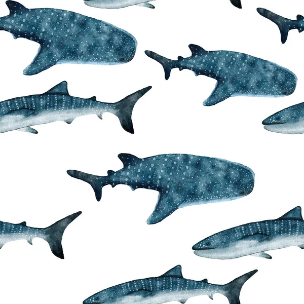 Padrão Sem Costura Aquarela Desenhado Mão Com Tubarão Baleia Oceano — Fotografia de Stock