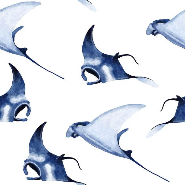 Ručně Kreslené Akvarel Bezešvný Vzor Manta Paprskem Mořské Mořské Živočichy — Stock fotografie