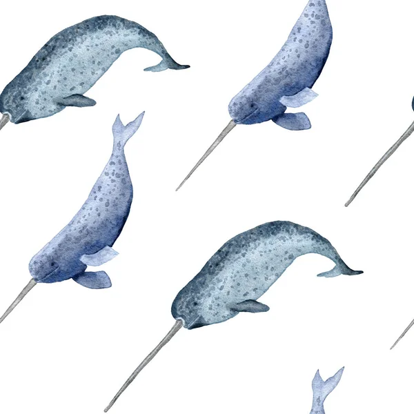 手绘水彩画与独角鲸无缝图案 海洋海洋动物 水下濒危哺乳动物种 蓝色灰色图解 用于织物苗圃装饰 海印下 — 图库照片