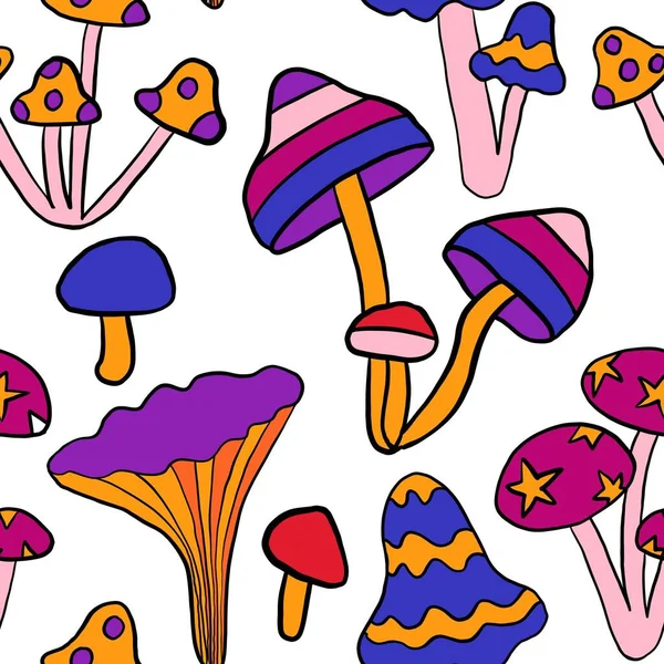 Seamless Hand Drawn Pattern Hippie Groovy Mushrooms Orange Purple Blue — Stockfoto