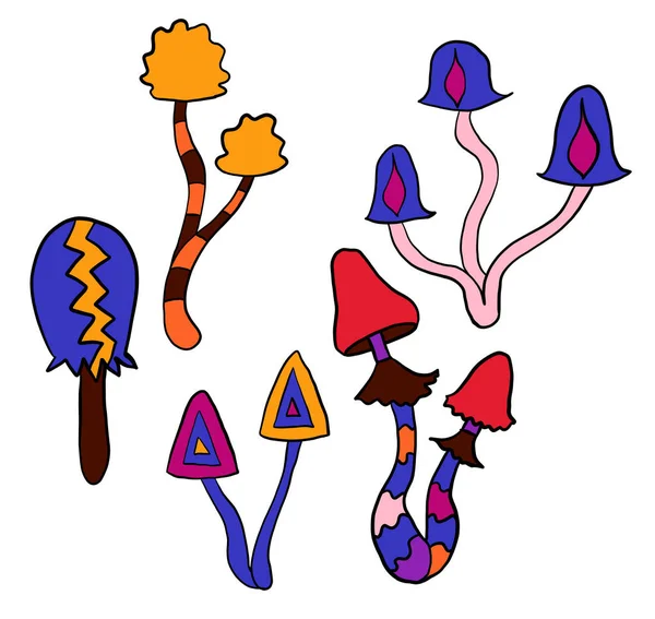 Illustrazione Disegnata Mano Clipart Con Funghi Groovy Hippie Arancione Viola — Foto Stock