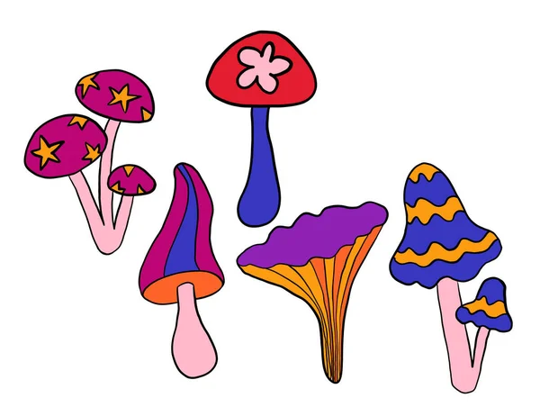 Hand Drawn Clipart Illustration Hippie Groovy Mushrooms Orange Purple Blue — ストック写真