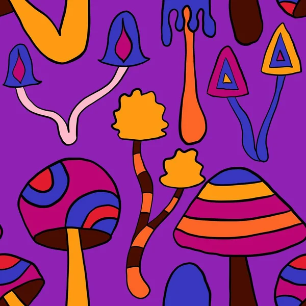 Seamless Hand Drawn Pattern Hippie Groovy Mushrooms Orange Purple Blue — ストック写真
