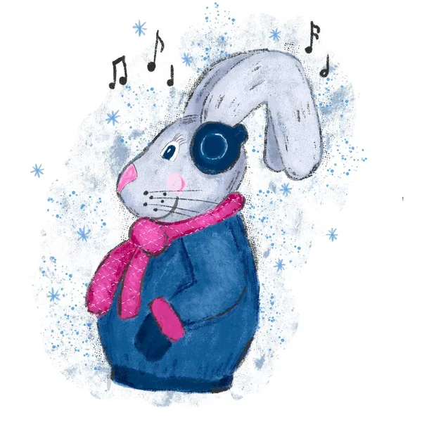 Tavşan Tavşanın Çizimi Yeni Yıl Karikatüründe Müzik Dinleyen Karakterler Çin — Stok fotoğraf