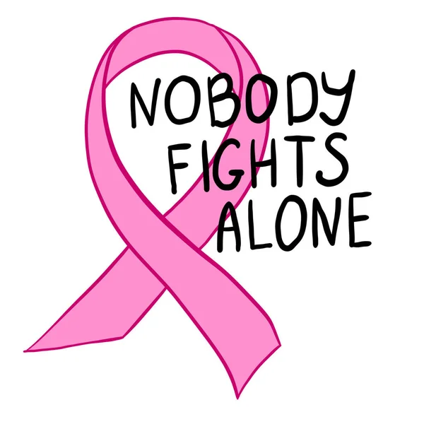 Nobody fights alone. Breast cancer awareness month hand drawn illustration in black and pink. Disease illness ribbon for health protection, medical prevention concept. Womens healthcare design