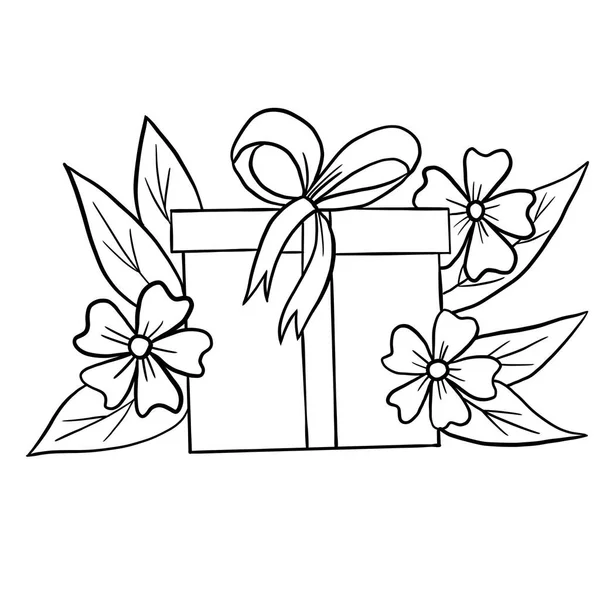 Met Hand Getekend Kistje Cadeau Met Bloemblaadjes Illustratie Zwart Wit — Stockfoto