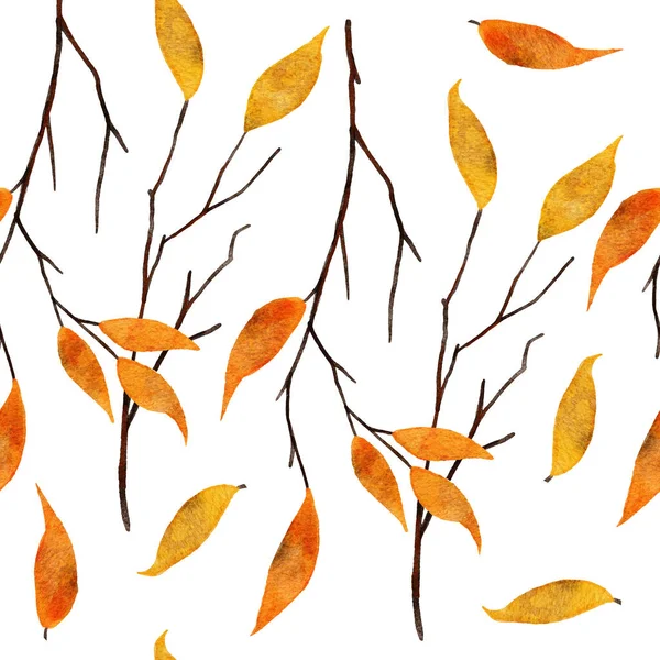 Seamless Watercolor Hand Drawn Pattern Yellow Orange Leaves Thin Tree — Stock Fotó