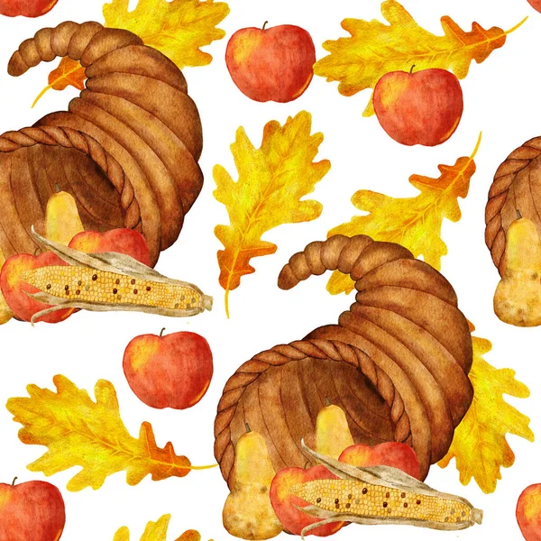 Watercolor Hand Drawn Seamless Pattern Thanksgiving Cornucopia Basket Horn Fruits — Stockfoto