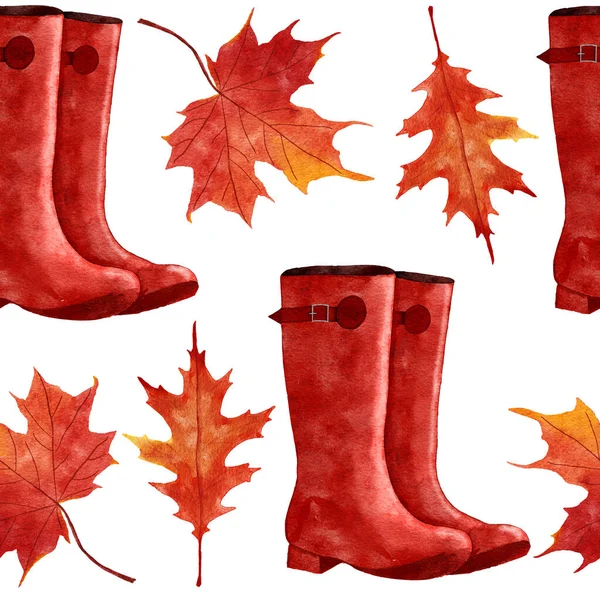 Aquarell Handgezeichnetes Nahtloses Muster Mit Wellington Stiefeln Rotorange Gelbem Herbstblatt — Stockfoto