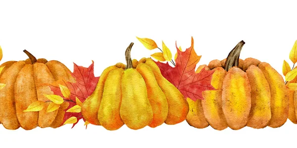 Watercolor Hand Drawn Seamless Horizontal Border Yellow Pumpkings Fall Autumn — Stockfoto