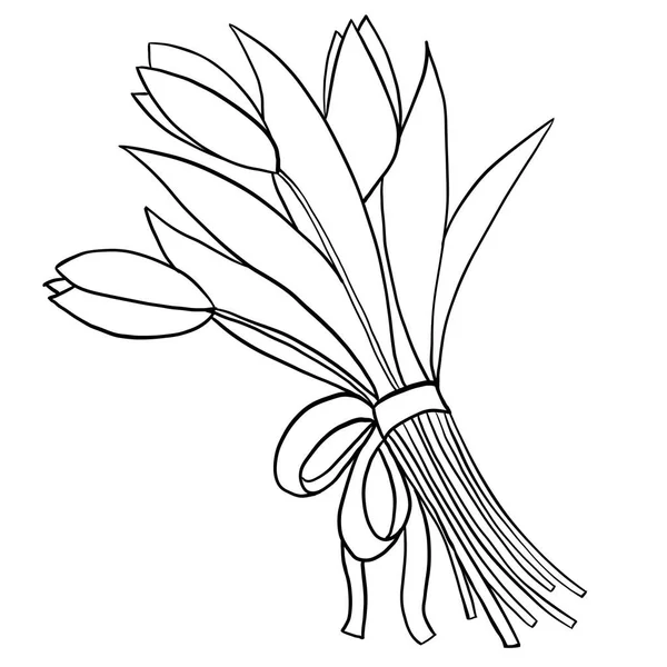 Hand Gezeichnet Strauß Tulpen Blumen Blume Blätter Illustration Schwarz Weiß — Stockfoto