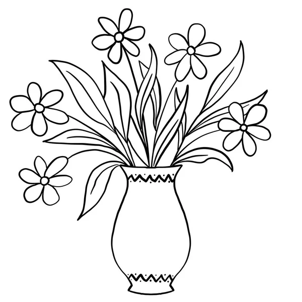 Hand Drawn Floral Flower Vase Leaves Illustration Black White Elegant — ストック写真