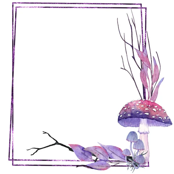Hand Drawn Illustration Halloween Mystic Magic Frame Mushroom Purple Leaves — Zdjęcie stockowe