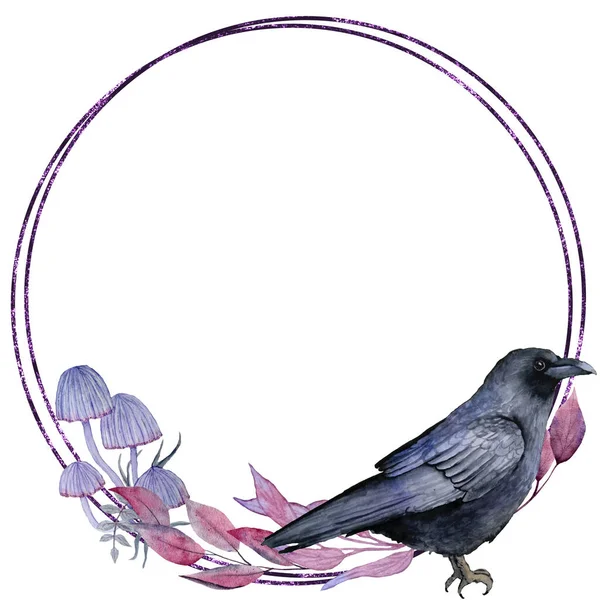 Hand Drawn Illustration Raven Halloween Mystic Magic Frame Purple Leaves — Foto Stock