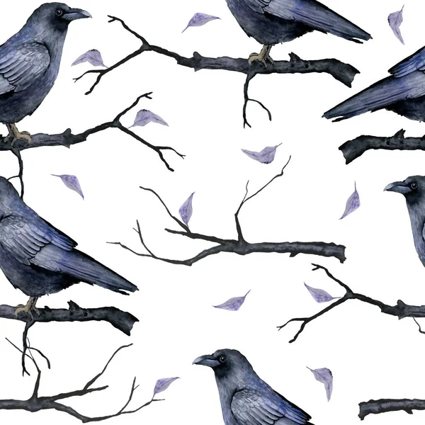Watercolor Hand Drawn Seamless Pattern Black Raven Bird Purple Witch — Foto Stock