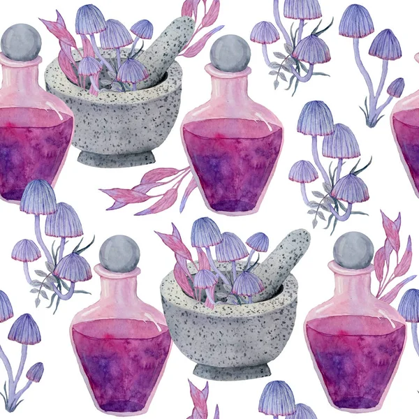 Watercolor Hand Drawn Seamless Pattern Apothecary Potion Brew Purple Witch — Photo