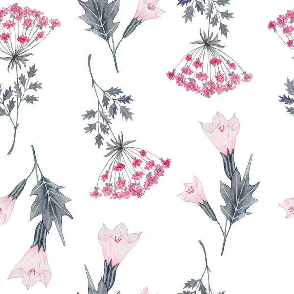 Watercolor Hand Drawn Seamless Pattern Purple Witch Forest Poisonous Herbs — ストック写真