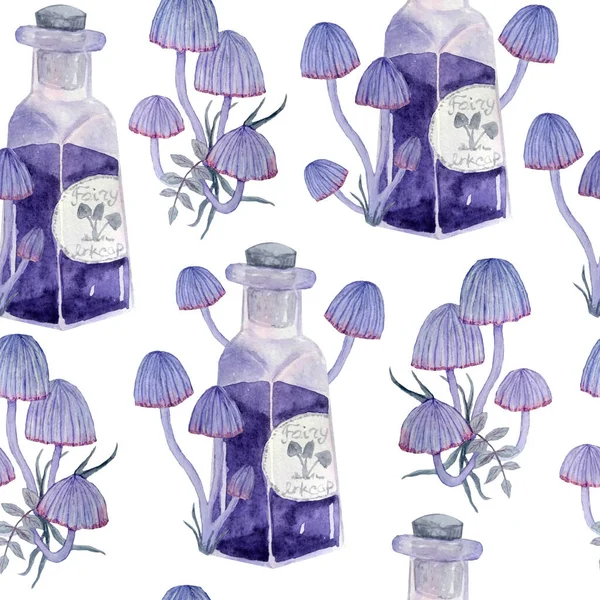 Watercolor Hand Drawn Seamless Pattern Apothecary Potion Brew Purple Witch — Fotografia de Stock