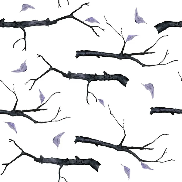 Watercolor Hand Drawn Seamless Pattern Dark Branch Purple Witch Forest — стоковое фото