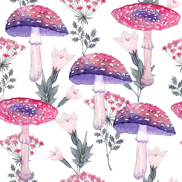 Watercolor Hand Drawn Seamless Pattern Amanita Mushroom Purple Witch Forest — Stock Fotó