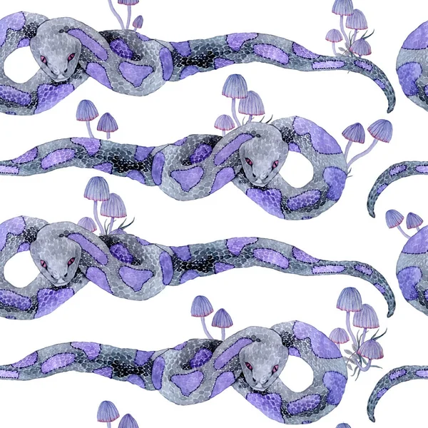 Watercolor Hand Drawn Seamless Pattern Snake Purple Witch Forest Herbs — ストック写真