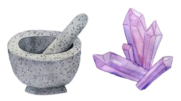 Watercolor Hand Drawn Illsutration Gray Mortar Pestle Purple Crystal Witch — Stock fotografie