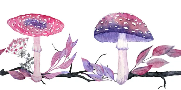 Watercolor Hand Drawn Seamless Horizontal Border Purple Pink Mushrooms Forest — Stock fotografie