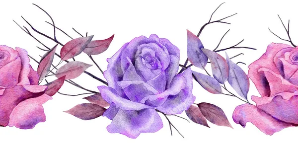 Watercolor Hand Drawn Rose Pink Purple Flower Floral Seamless Horizontal — 图库照片