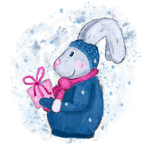 Hand Drawn Illustration Rabbit Hare Bunny Winter New Year Christmas — Stok fotoğraf