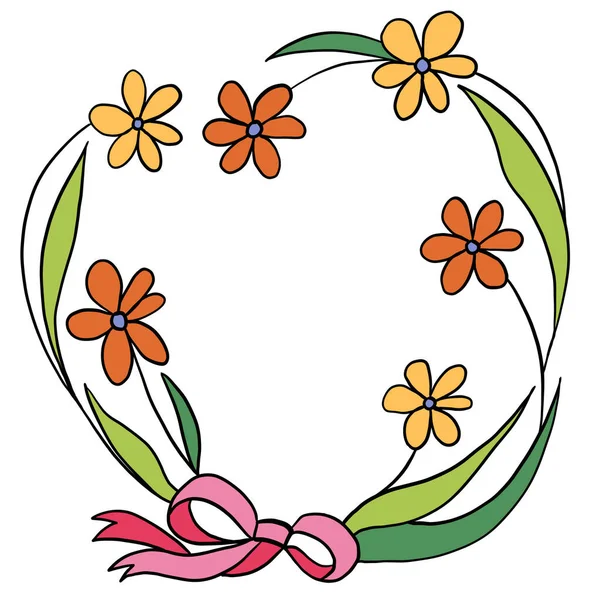 Hand Drawn Illustration Circle Shape Flowers Leaves Pink Bow Simple — Stockfoto