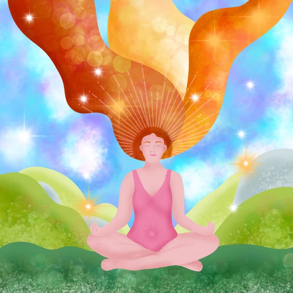 Hand drawn illsutration of a sitting fit woman in yoga lotus pose in nature landscape. Mental balance wellbeing concept, meditation meditating female with sun stars universe elements, fitness