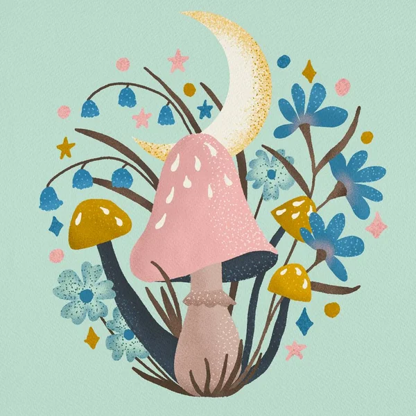 Hand Drawn Illustration Forest Mushroom Flowers Night Moon Mystic Magic — Zdjęcie stockowe