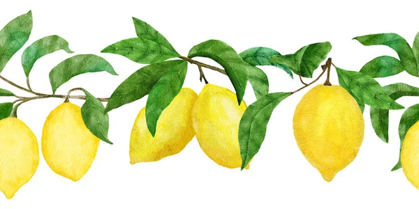 Hand Drawn Watercolor Seamless Border Yellow Citrus Lemons Bright Summer — 图库照片