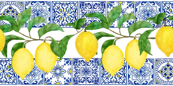Hand Drawn Watercolor Seamless Border Yellow Citrus Lemons Blue White — Fotografia de Stock