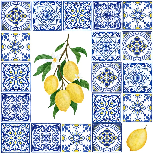 Watercolor Hand Drawn Seamless Pattern Lemon Citrus Fruit Blue Portuguese — 图库照片