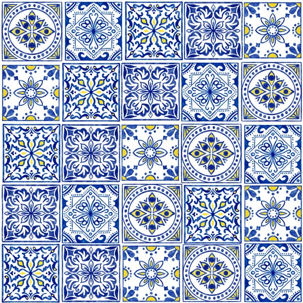Hand drawn watercolor seamless pattern with blue white azulejo Portuguese ceramic traditional tiles. Ethnic portugal geomentric indigo repeated wall floor ornament. Arabic ornamental background