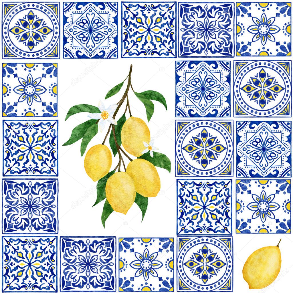 Watercolor hand drawn seamless pattern with lemon citrus fruit blue portuguese azulejo tiles. Summer bright organic sweet tasty food botanic print. Harvest tree ornament textile